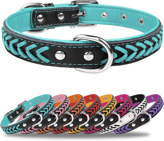 Leather Dog Collar for Puppy, Stylish Braided Padded Dog Collars with Double D-Rings for Girl and Boy Dog, Teal Blue XS