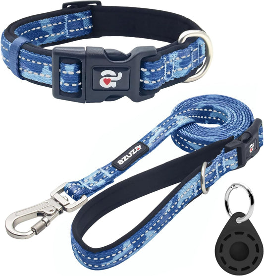 Reflective Dog Collar and Leash Set with Airtag Holder, Blue Camo Padded Collar with Matching Clip Handle Leash for Medium Dogs