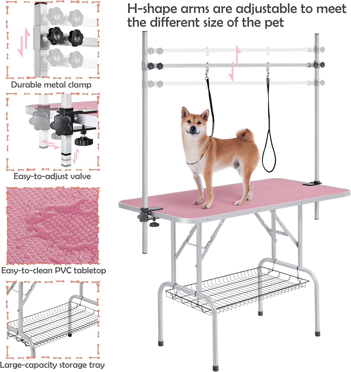 46'' Pet Grooming Table for Large Dogs Adjustable Height - Portable Trimming Table Drying Table W/Arm/Noose/Mesh Tray Maximum Capacity up to 265Lb -Pink