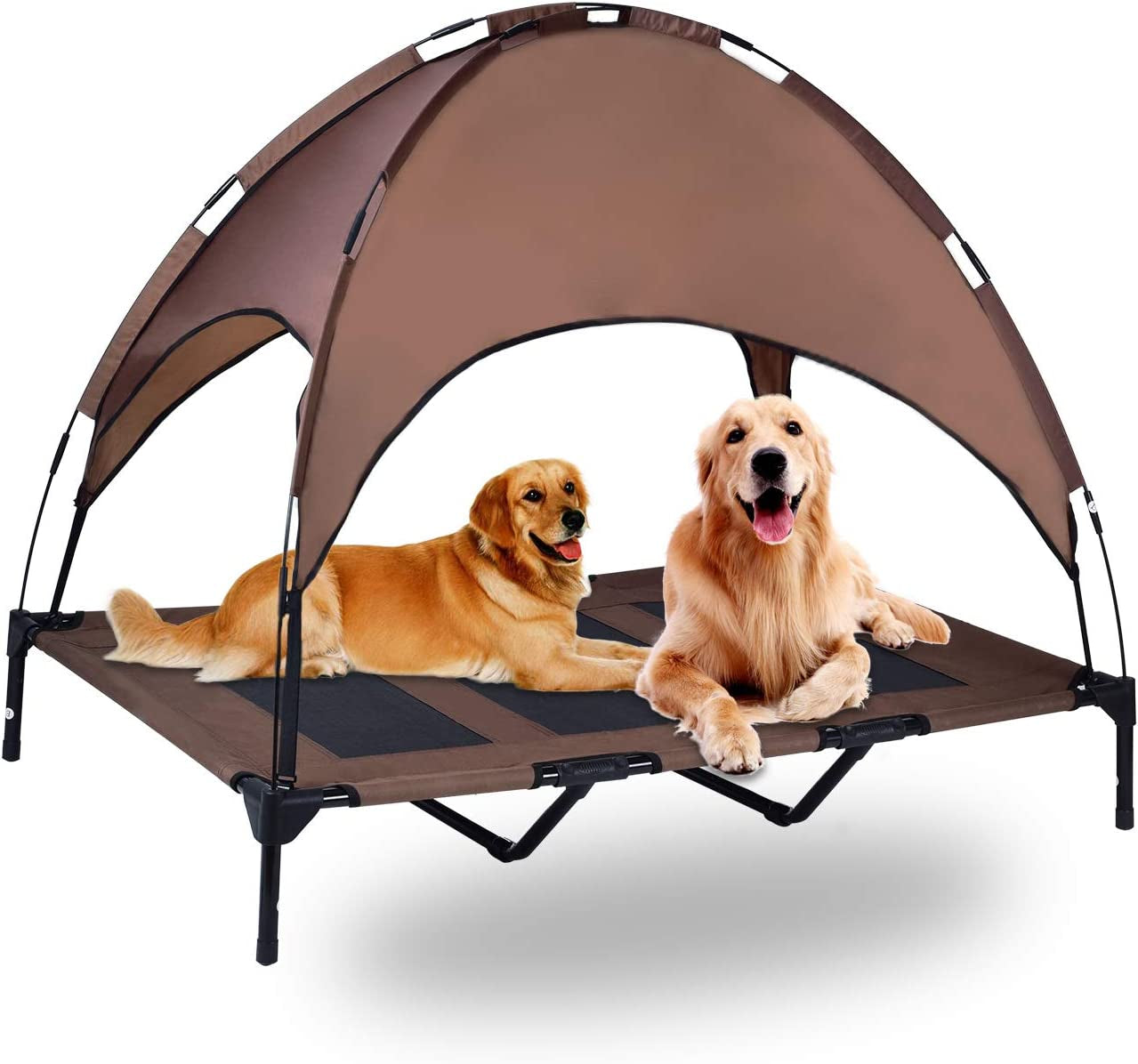 Elevated Pet Cot with Canopy, Portable Raised Pet Cot for Camping or Beach, Removable Canopy, Durable 1680D Oxford Fabric Raised Mesh Cot, Breathable Cooling Outdoor Dog Bed (Large, Brown)